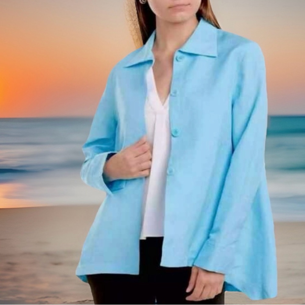 Anne Klein Linen Turquoise Button-Up Blouse Shirt Jacket Blazer Tunic MSRP $120